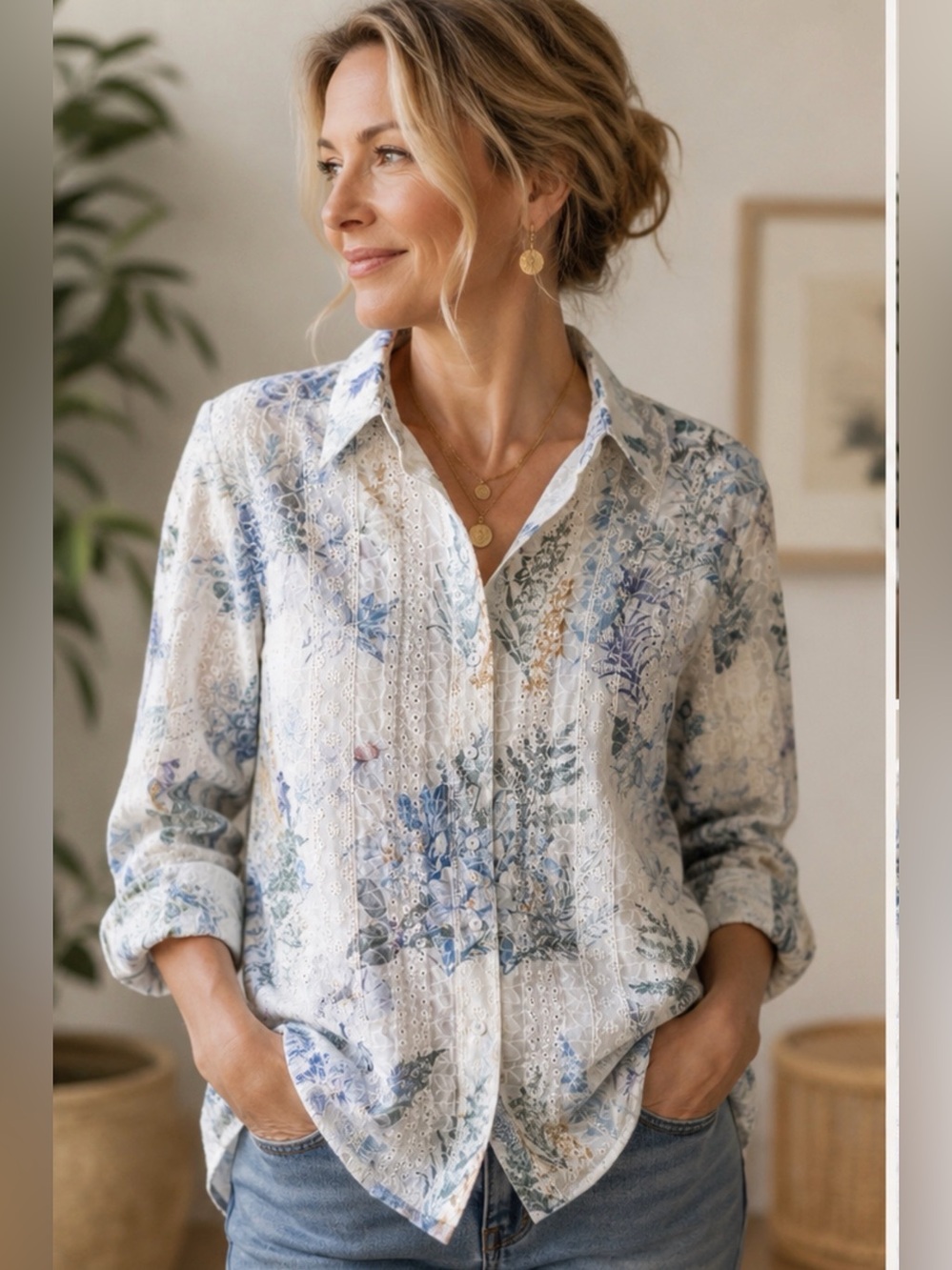 Adiva Floral Eyelet‎ Button Up Blouse Cottagecore Coastal Grandmother Top Large